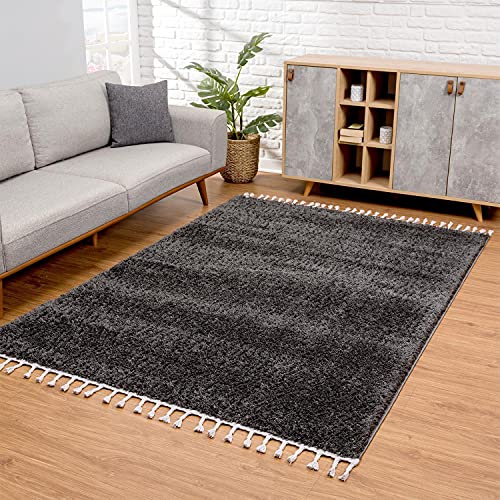 carpet city Teppich Wohnzimmer - Shaggy Hochflor Anthrazit - 80x150 cm Einfarbig - Moderne Teppiche mit Fransen von carpet city