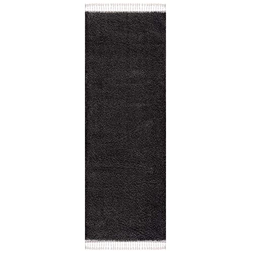 carpet city Hochflor Teppich Wohnzimmer - Einfarbig Schwarz - 80x400 cm Läufer - Shaggyteppich Langflor - Kettfäden - Schlafzimmerteppich Flauschig Weich - Moderner Flurteppich von carpet city