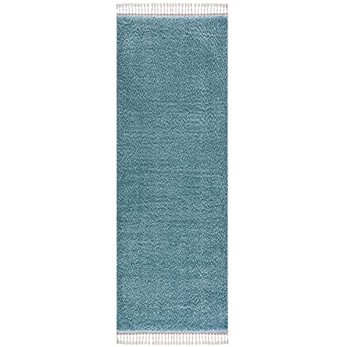 carpet city Hochflor Teppich Wohnzimmer - Einfarbig Blau - 80x400 cm Läufer - Shaggyteppich Langflor - Kettfäden - Schlafzimmerteppich Flauschig Weich - Moderner Flurteppich von carpet city