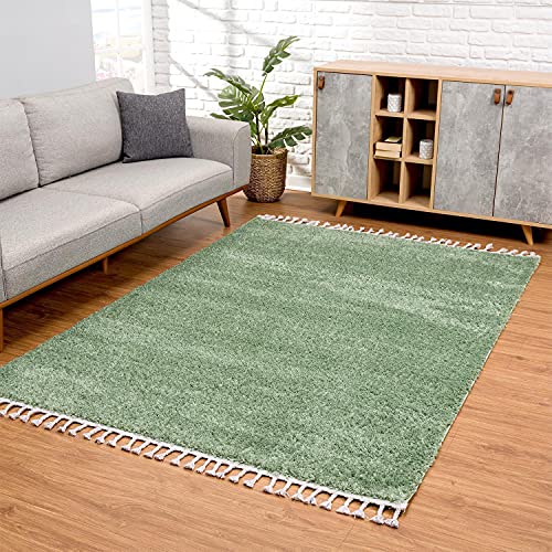 carpet city Teppich Wohnzimmer - Shaggy Hochflor Grün - 80x150 cm Einfarbig - Moderne Teppiche mit Fransen von carpet city