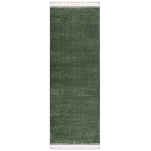 carpet city Teppich Wohnzimmer - Shaggy Hochflor Grün - 80x300 cm Einfarbig - Moderner Teppich Läufer mit Fransen von carpet city