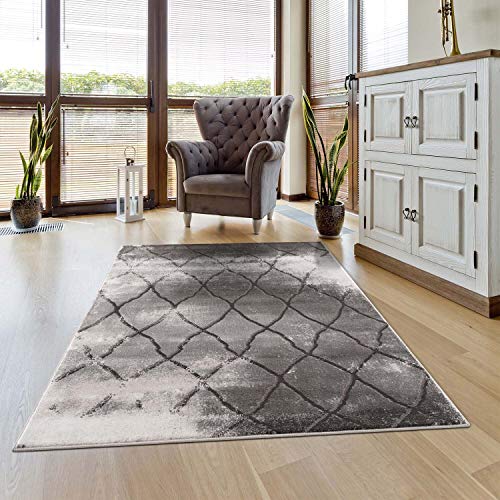 carpet city Teppich Wohnzimmer - Skandi-Rauten Muster 200x290 cm Grau Meliert - Moderne Teppiche Kurzflor von carpet city