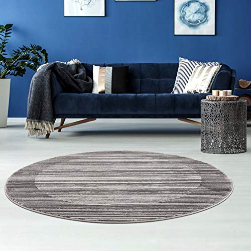 carpet city Teppich Wohnzimmer - Streifen Muster 160 cm Rund Grau Meliert - Moderne Teppiche Kurzflor von carpet city