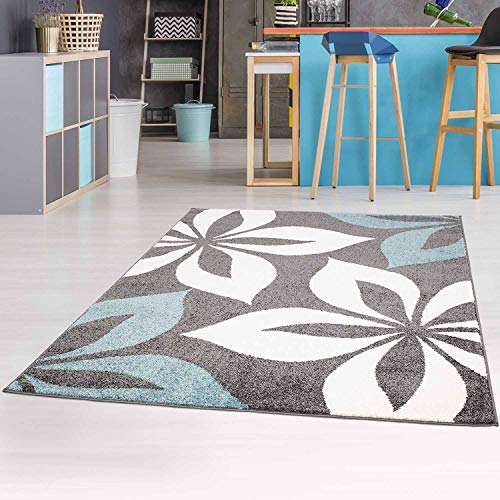 Teppich Flachflor Blume - 190x280 cm Grau Blau - Moderne Wohnzimmer Teppiche Floral von carpet city