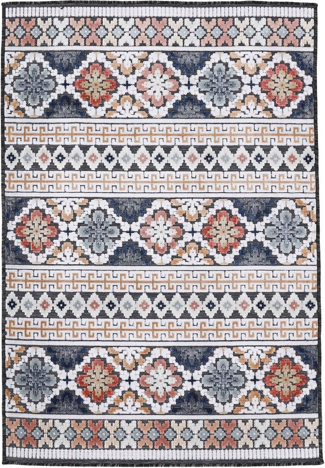 Teppich Deja 103, carpetfine, rechteckig, Höhe: 4 mm, robustes Flachgewebe, Motiv- Floral Palmenblätter, Hoch-Tief Effekt von carpetfine
