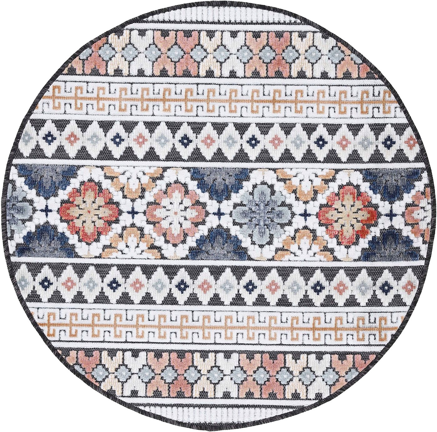 Teppich Deja 103, carpetfine, rund, Höhe: 4 mm, robustes Flachgewebe, Motiv- Floral Palmenblätter, Hoch-Tief Effekt von carpetfine
