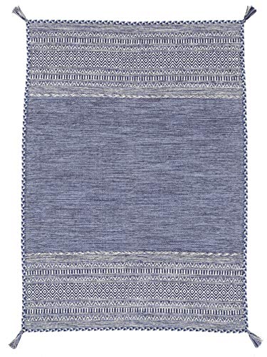 carpetfine Flachgewebeteppich Kelim Azizi Blau 60x110 cm | Moderner Teppich für Wohn- und Schlafzimmer von carpetfine