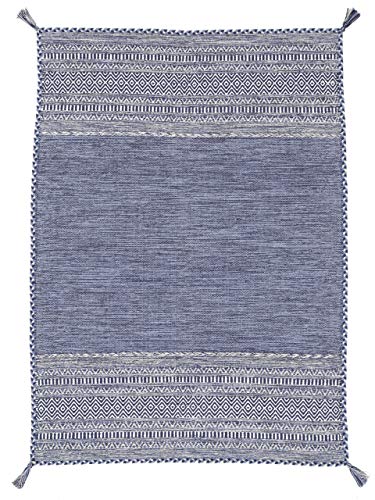 carpetfine Flachgewebeteppich Kelim Azizi Blau 80x150 cm | Moderner Teppich für Wohn- und Schlafzimmer von carpetfine