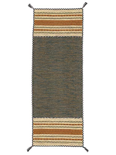 carpetfine Flachgewebeteppich Kelim Azizi Läufer Grün 80x300 cm | Moderner Teppich für Wohn- und Schlafzimmer von carpetfine