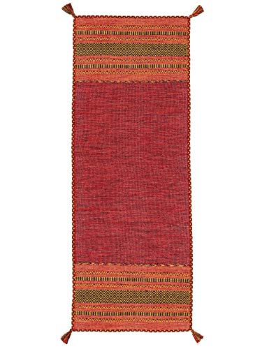 carpetfine Flachgewebeteppich Kelim Azizi Läufer Rot 80x350 cm | Moderner Teppich für Wohn- und Schlafzimmer von carpetfine