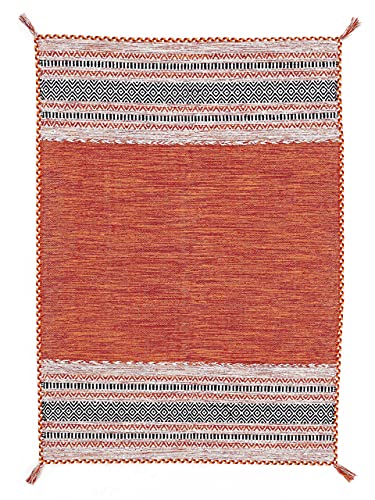 carpetfine Flachgewebeteppich Kelim Azizi Orange 80x150 cm | Moderner Teppich für Wohn- und Schlafzimmer von carpetfine