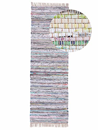 carpetfine Flickenteppich Kelim Chindi Läufer beige 80x350 cm | Fleckerlteppich aus Baumwolle für Wohnzimmermit Fransen von carpetfine
