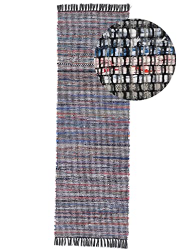carpetfine Flickenteppich Kelim Chindi Läufer schwarz 75x240 cm | Fleckerlteppich aus Baumwolle für Wohnzimmermit Fransen von carpetfine