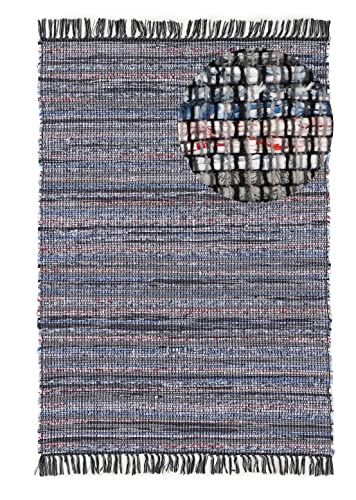 carpetfine Flickenteppich Kelim Chindi Schwarz 120x170 cm | Fleckerlteppich aus Baumwolle für Wohnzimmermit Fransen von carpetfine