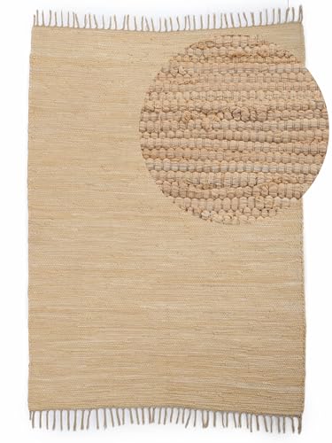 carpetfine Flickenteppich Kelim Chindi Uni Beige 190x290 cm, handgewebt | Fleckerlteppich aus Baumwolle für Wohnzimmermit Fransen von carpetfine