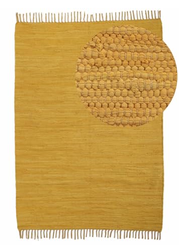 carpetfine Flickenteppich Kelim Chindi Uni Gelb 120x170 cm, handgewebt | Fleckerlteppich aus Baumwolle für Wohnzimmermit Fransen von carpetfine