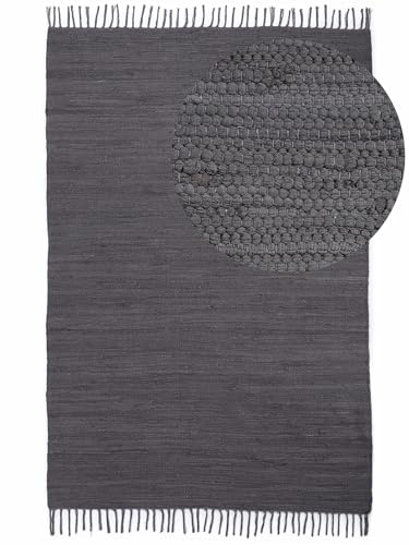 carpetfine Flickenteppich Kelim Chindi Uni Grau 140x200 cm, handgewebt | Fleckerlteppich aus Baumwolle für Wohnzimmermit Fransen von carpetfine