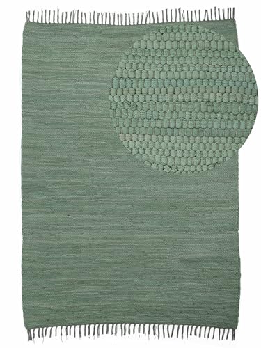 carpetfine Flickenteppich Kelim Chindi Uni Grün 120x170 cm, handgewebt | Fleckerlteppich aus Baumwolle für Wohnzimmermit Fransen von carpetfine