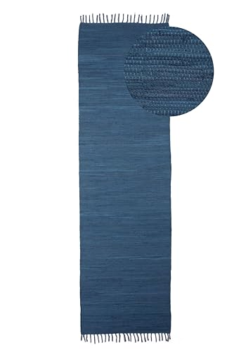 carpetfine Flickenteppich Kelim Chindi Uni Läufer Blau 60x180 cm, handgewebt | Fleckerlteppich aus Baumwolle für Wohnzimmermit Fransen von carpetfine