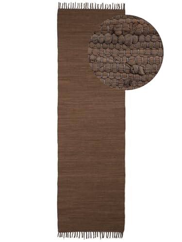 carpetfine Flickenteppich Kelim Chindi Uni Läufer Braun 80x300 cm, handgewebt | Fleckerlteppich aus Baumwolle für Wohnzimmermit Fransen von carpetfine