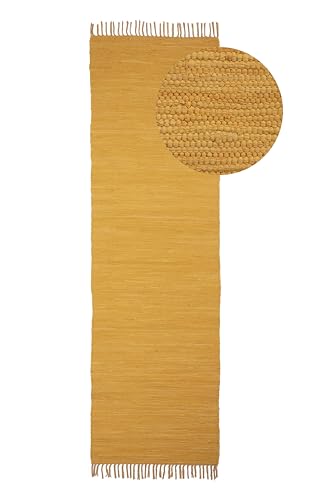carpetfine Flickenteppich Kelim Chindi Uni Läufer Gelb 60x180 cm, handgewebt | Fleckerlteppich aus Baumwolle für Wohnzimmermit Fransen von carpetfine