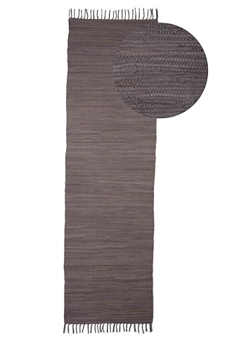 carpetfine Flickenteppich Kelim Chindi Uni Läufer Grau 80x400 cm, handgewebt | Fleckerlteppich aus Baumwolle für Wohnzimmermit Fransen von carpetfine