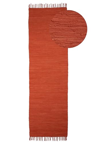 carpetfine Flickenteppich Kelim Chindi Uni Läufer Orange 70x200 cm, handgewebt | Fleckerlteppich aus Baumwolle für Wohnzimmermit Fransen von carpetfine