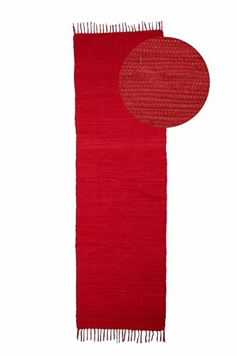 carpetfine Flickenteppich Kelim Chindi Uni Läufer Rot 70x200 cm, handgewebt | Fleckerlteppich aus Baumwolle für Wohnzimmermit Fransen von carpetfine