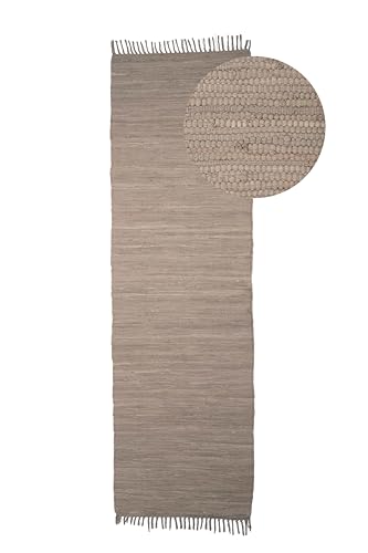 carpetfine Flickenteppich Kelim Chindi Uni Läufer Taupe 70x200 cm, handgewebt | Fleckerlteppich aus Baumwolle für Wohnzimmermit Fransen von carpetfine