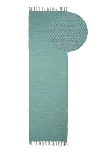 carpetfine Flickenteppich Kelim Chindi Uni Läufer Türkis 60x180 cm, handgewebt | Fleckerlteppich aus Baumwolle für Wohnzimmermit Fransen von carpetfine