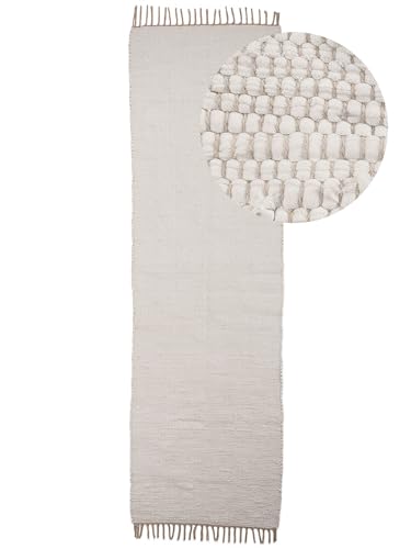 carpetfine Flickenteppich Kelim Chindi Uni Läufer Weiß 60x180 cm, handgewebt | Fleckerlteppich aus Baumwolle für Wohnzimmermit Fransen von carpetfine