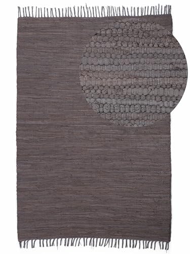 carpetfine Flickenteppich Kelim Chindi Uni Mauve 140x200 cm, handgewebt | Fleckerlteppich aus Baumwolle für Wohnzimmermit Fransen von carpetfine