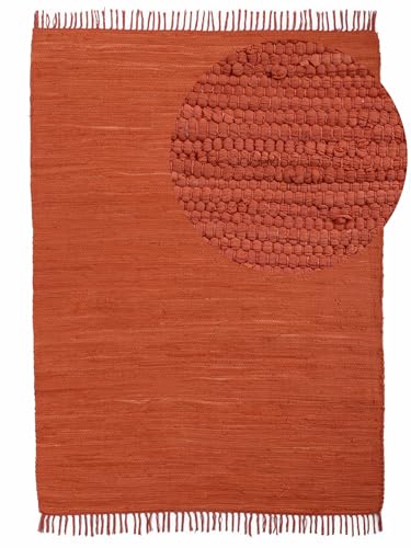 carpetfine Flickenteppich Kelim Chindi Uni Orange 140x200 cm, handgewebt | Fleckerlteppich aus Baumwolle für Wohnzimmermit Fransen von carpetfine