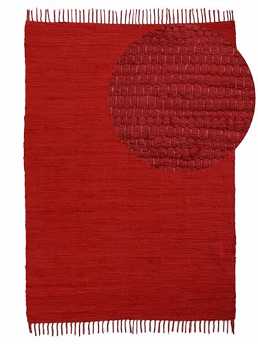 carpetfine Flickenteppich Kelim Chindi Uni Rot 120x170 cm, handgewebt | Fleckerlteppich aus Baumwolle für Wohnzimmermit Fransen von carpetfine