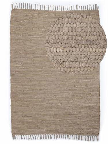 carpetfine Flickenteppich Kelim Chindi Uni Taupe 160x230 cm, handgewebt | Fleckerlteppich aus Baumwolle für Wohnzimmermit Fransen von carpetfine