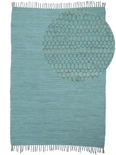 carpetfine Flickenteppich Kelim Chindi Uni Türkis 140x200 cm, handgewebt | Fleckerlteppich aus Baumwolle für Wohnzimmermit Fransen von carpetfine