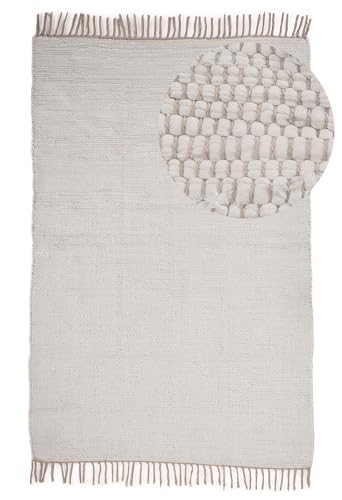 carpetfine Flickenteppich Kelim Chindi Uni Weiß 160x230 cm, handgewebt | Fleckerlteppich aus Baumwolle für Wohnzimmermit Fransen von carpetfine