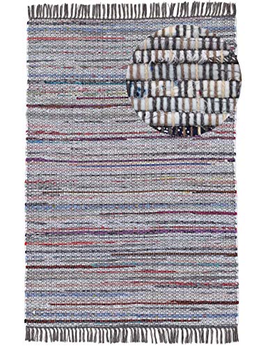 carpetfine Flickenteppich Kelim Chindi Grau 120x170 cm | Fleckerlteppich aus Baumwolle für Wohnzimmermit Fransen von carpetfine