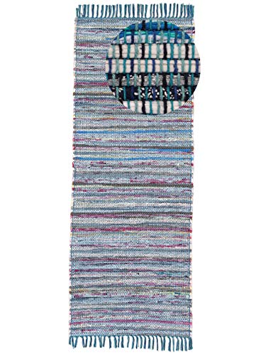 carpetfine Flickenteppich Kelim Chindi Läufer Blau 60x180 cm | Fleckerlteppich aus Baumwolle für Wohnzimmermit Fransen von carpetfine