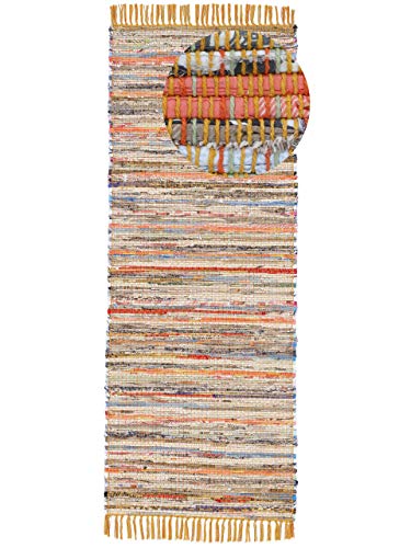 carpetfine Flickenteppich Kelim Chindi Läufer Gelb 75x200 cm | Fleckerlteppich aus Baumwolle für Wohnzimmermit Fransen von carpetfine
