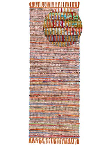 carpetfine Flickenteppich Kelim Chindi Läufer Orange 60x180 cm | Fleckerlteppich aus Baumwolle für Wohnzimmermit Fransen von carpetfine