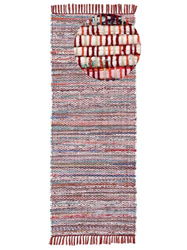 carpetfine Flickenteppich Kelim Chindi Läufer Rot 60x180 cm | Fleckerlteppich aus Baumwolle für Wohnzimmermit Fransen von carpetfine