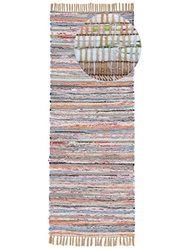 carpetfine Flickenteppich Kelim Chindi Läufer Taupe 80x350 cm | Fleckerlteppich aus Baumwolle für Wohnzimmermit Fransen von carpetfine