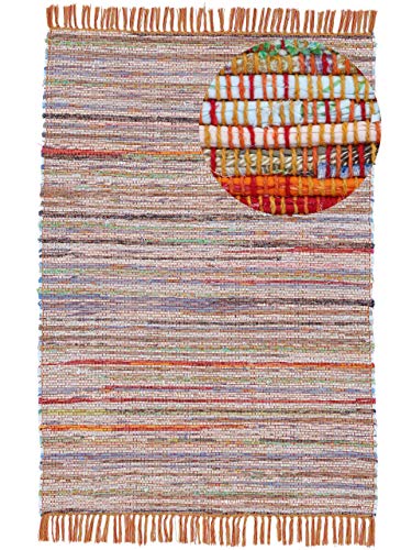 carpetfine Flickenteppich Kelim Chindi Orange 200x250 cm | Fleckerlteppich aus Baumwolle für Wohnzimmermit Fransen von carpetfine