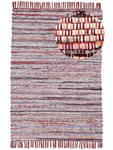 carpetfine Flickenteppich Kelim Chindi Rot 120x170 cm | Fleckerlteppich aus Baumwolle für Wohnzimmermit Fransen von carpetfine