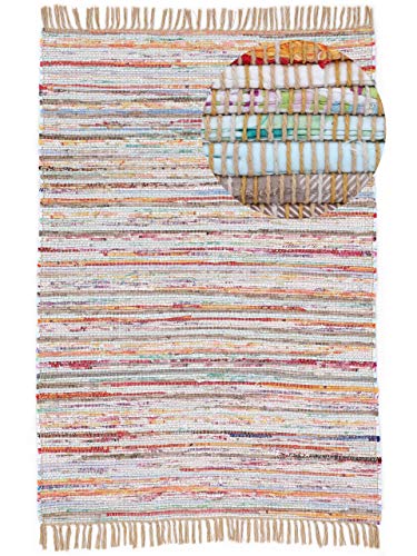 carpetfine Flickenteppich Kelim Chindi Taupe 200x250 cm | Fleckerlteppich aus Baumwolle für Wohnzimmermit Fransen von carpetfine