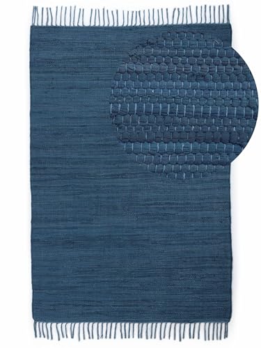 carpetfine Flickenteppich Kelim Chindi Uni Blau 60x90 cm, handgewebt | Fleckerlteppich aus Baumwolle für Wohnzimmermit Fransen von carpetfine