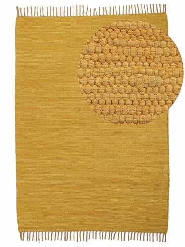 carpetfine Flickenteppich Kelim Chindi Uni Gelb 60x90 cm, handgewebt | Fleckerlteppich aus Baumwolle für Wohnzimmermit Fransen von carpetfine
