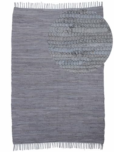 carpetfine Flickenteppich Kelim Chindi Uni Hellgrau 60x90 cm, handgewebt | Fleckerlteppich aus Baumwolle für Wohnzimmermit Fransen von carpetfine