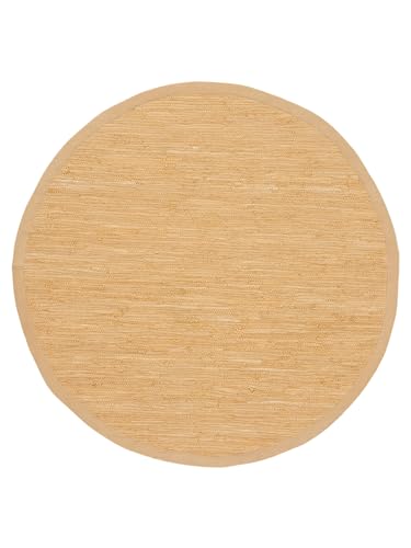 carpetfine Flickenteppich Kelim Chindi Uni rund Beige Ø 60 cm handgewebt | Fleckerlteppich aus Baumwolle für Wohnzimmermit Fransen von carpetfine